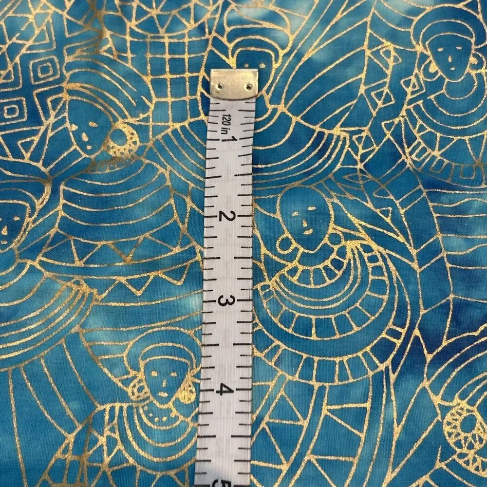 Cotton Quilting Fabric Tribal Print Batik Blue Goddess Gold Outline 3.3 Yd